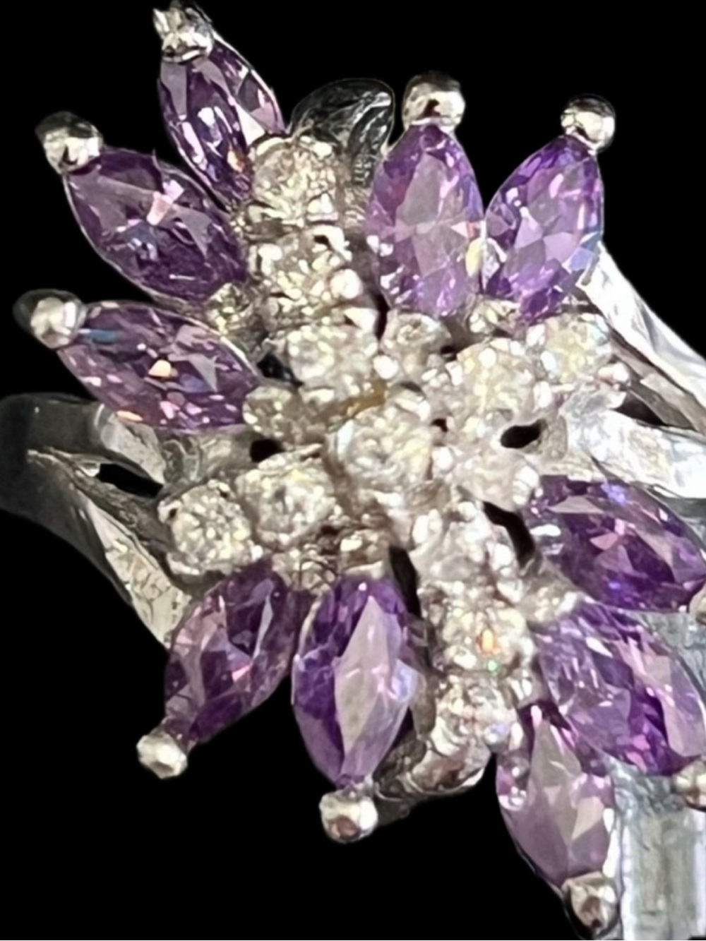 Suzanne Somers vintage purple CZ marquise silver cocktail statement ring HSN